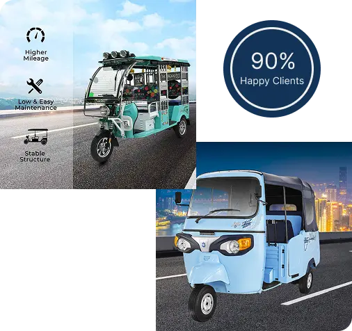 Electric E-Rickshaw driving through a city street, promoting eco-friendly transportation